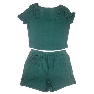 Shirt Short Set Ultra Soft Ribbed Hunter Green Crop Top Short Sleeve Womens L